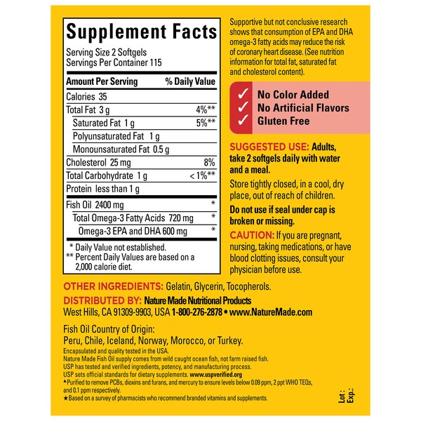 Nature Made Fish Oil Mega 1200 MG, Liquid Softgel, 230 CT