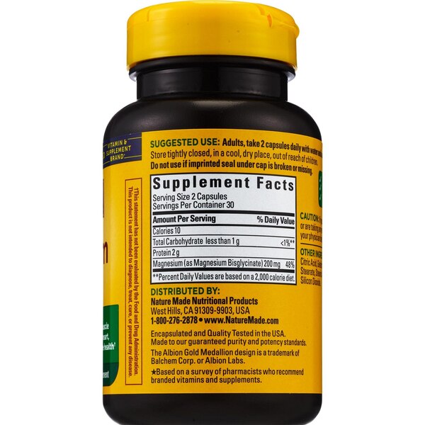 Nature Made High Absorption Magnesium Glycinate 200 mg per serving, Magnesium Supplement Capsules, 60 CT