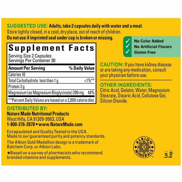 Nature Made High Absorption Magnesium Glycinate 200 mg per serving, Magnesium Supplement Capsules, 60 CT