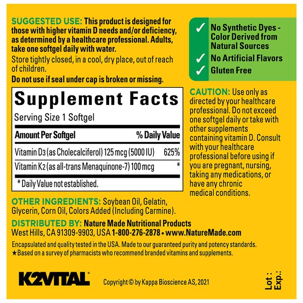Nature Made Vitamin D3 + K2 Softgels, 30 CT