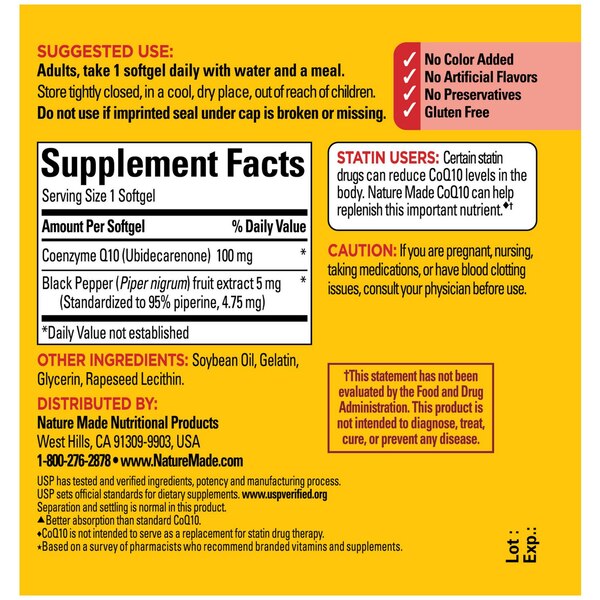 Nature Made CoQ10 100mg with Black Pepper Extract Softgels, 30 CT