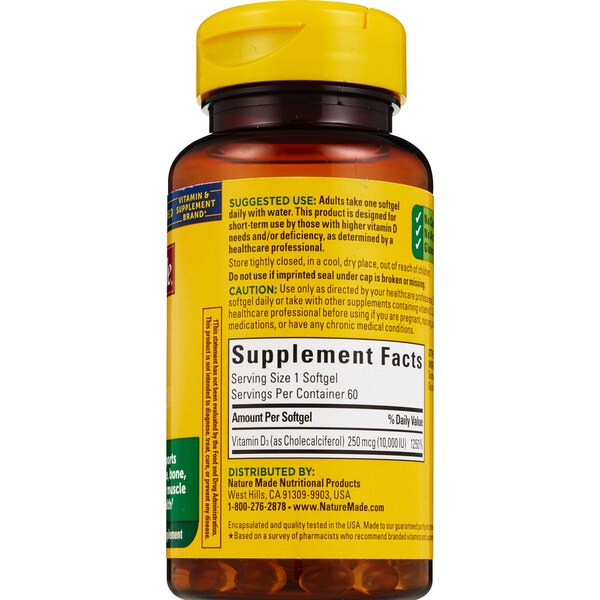 Nature Made Maximum Strength Vitamin D3 10000 IU (250 mcg) Softgels, 60 CT