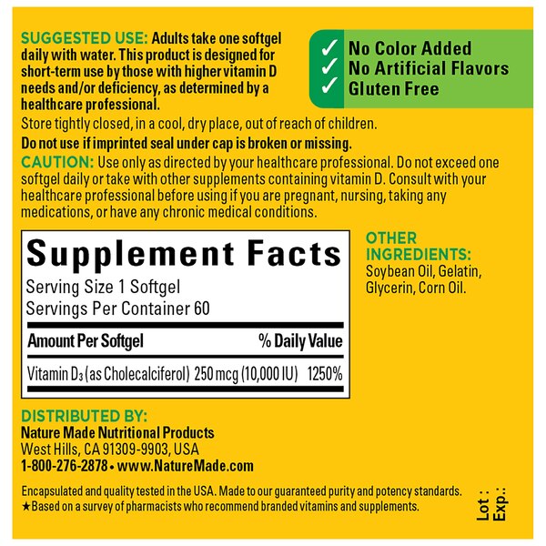 Nature Made Maximum Strength Vitamin D3 10000 IU (250 mcg) Softgels, 60 CT