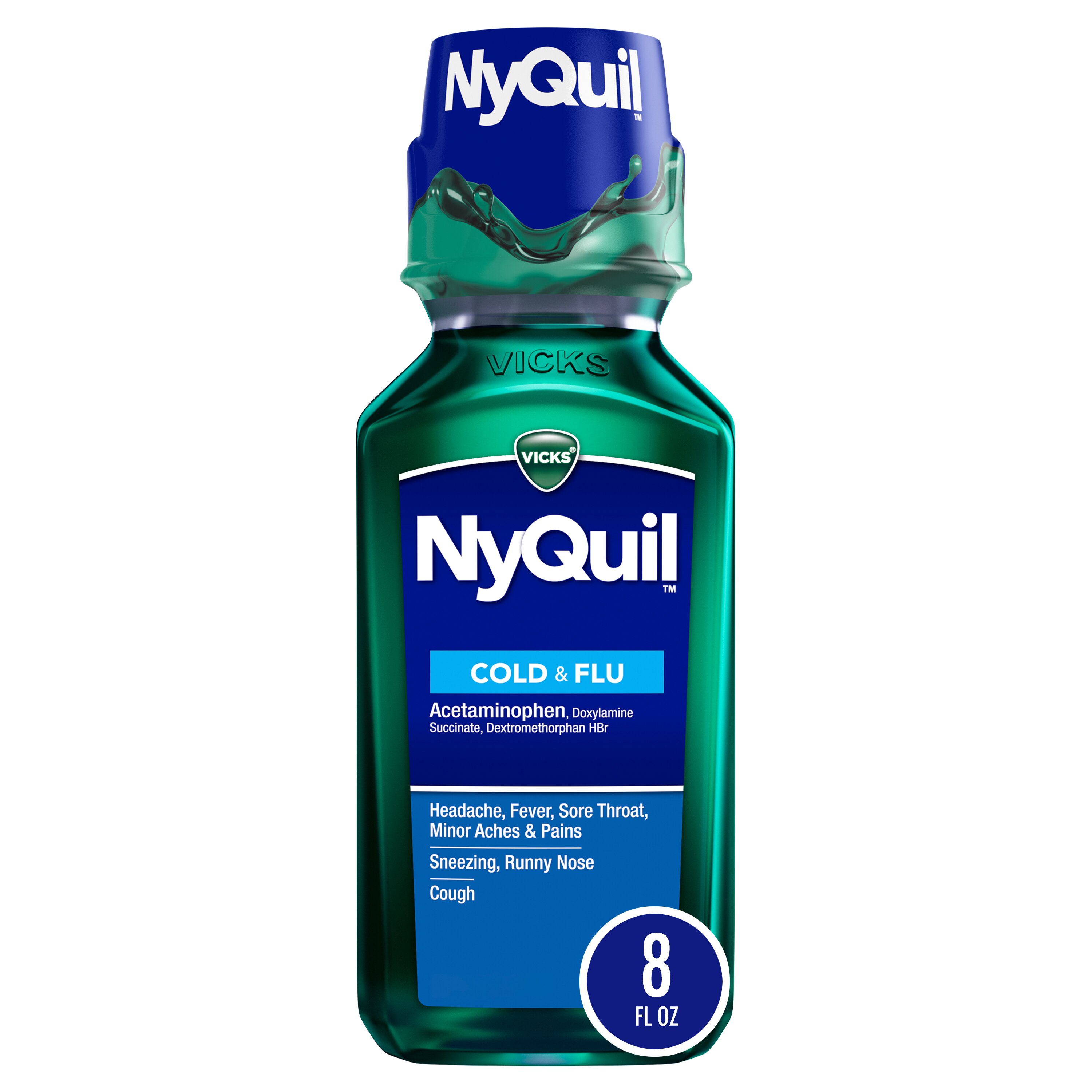 Vicks NyQuil - Medicamento para el resfriado y la gripe, sabor Original, alivia la tos, el dolor de garganta, la fiebre y el goteo nasal durante la noche, 8 oz líq.