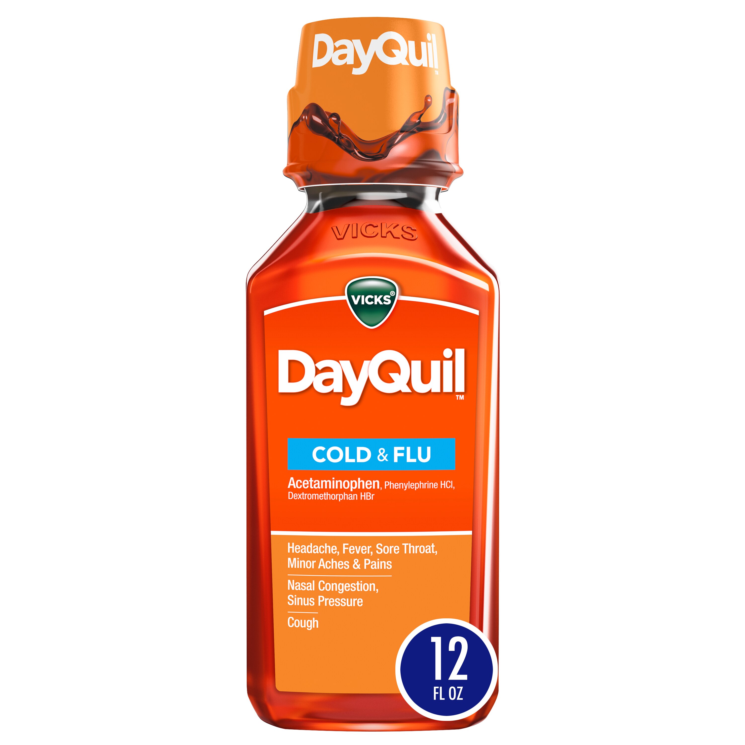 Vicks DayQuil - Medicamento para el resfriado y la gripe, para usar durante el día, no provoca somnolencia, alivia dolores, dolor de cabeza, fiebre, dolor de garganta, congestión, estornudos, goteo nasal, tos, 12 oz líq.
