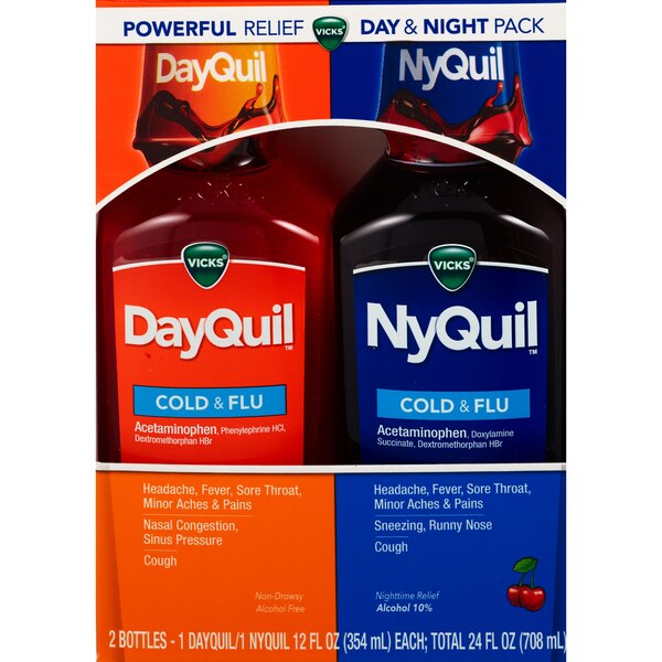 Vicks DayQuil, Non-Drowsy, Daytime Cold & Flu Medicine & NyQuil, Nighttime Multi-Symptom Relief, Cherry Flavor, Liquid Combo Pack 12 OZ Each