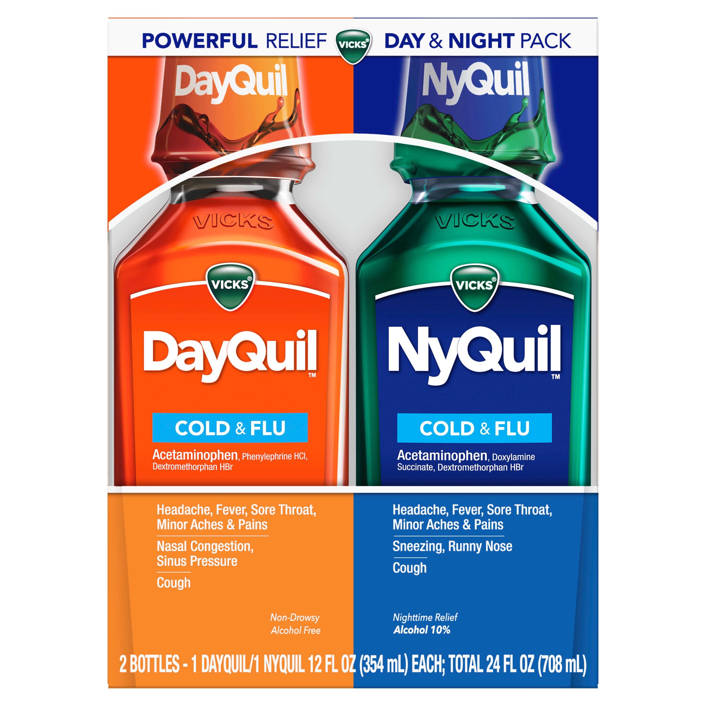 Vicks DayQuil y NyQuil - Medicamento para el resfriado, la gripe y la congestión, alivia la tos, dolor de garganta, fiebre, goteo nasal, para el día y la noche, 24 oz líq.
