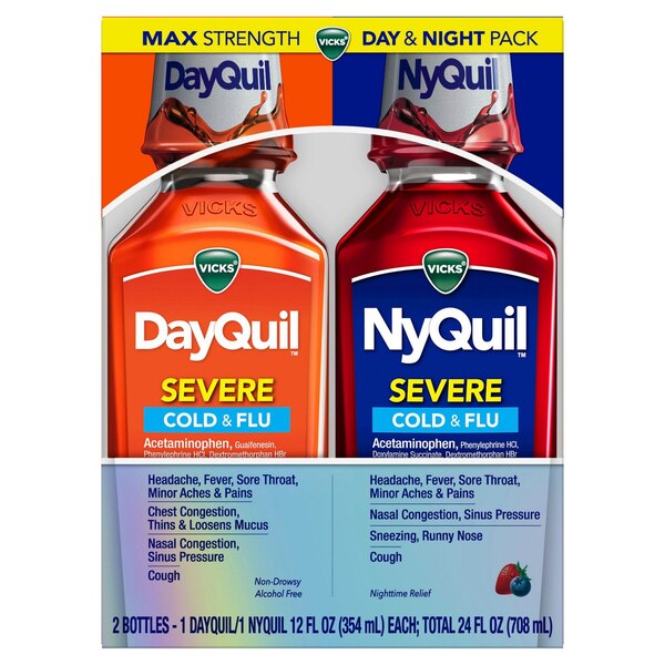 Vicks NyQuil y DayQuil SEVERE - Combo de jarabe para la tos, resfriado y gripe, 2x12 oz líq., alivia el dolor de garganta, fiebre y congestión, día o noche