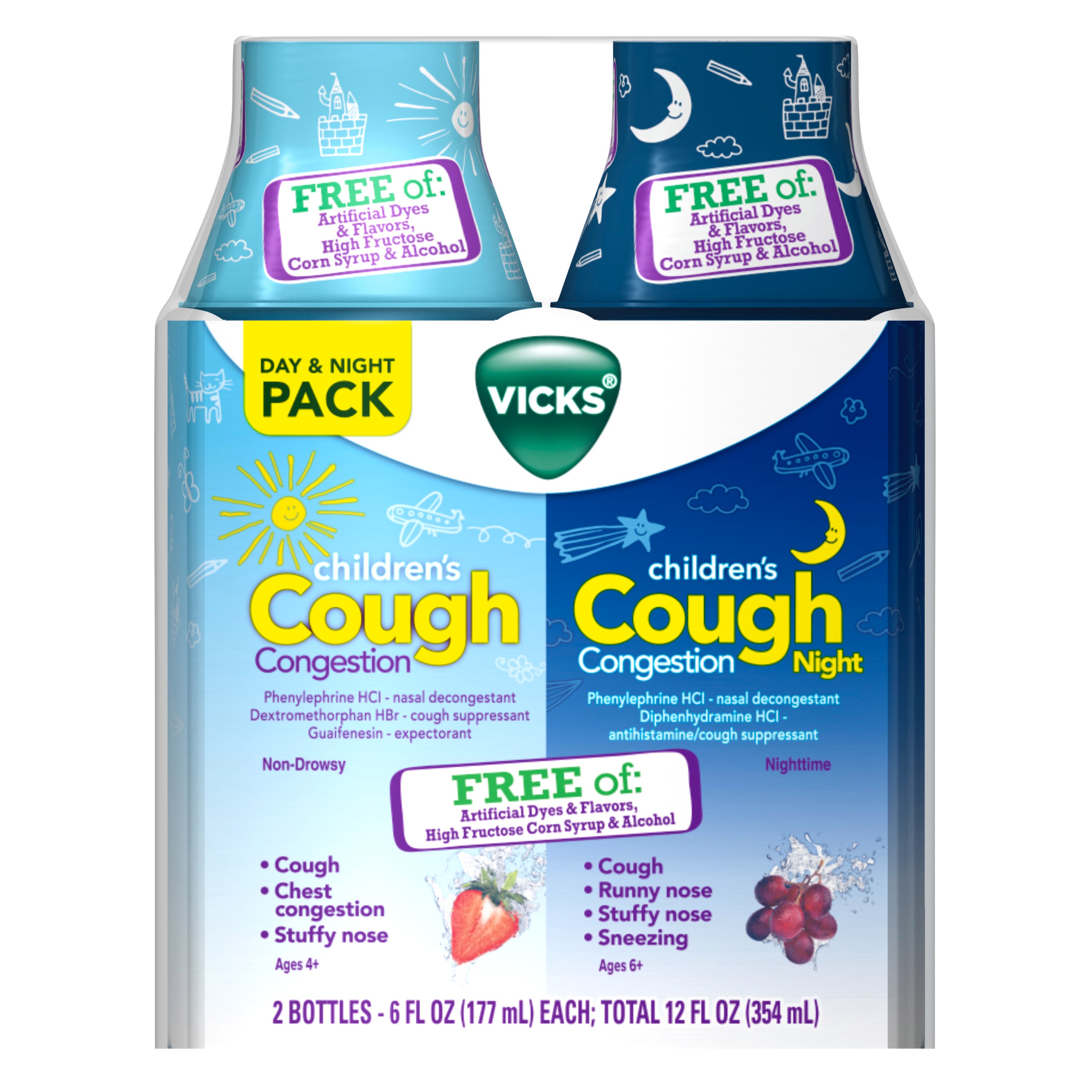 Vicks Children's Cough & Congestion Relief, Day & Night Twin Pack, Berry & Grape Flavors, 12 FL OZ