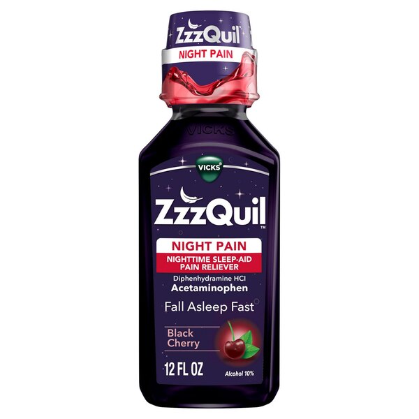 Vicks ZzzQuil Night Pain Liquid, Nighttime Sleep-Aid Pain Reliever, Black Cherry, 12 FL OZ