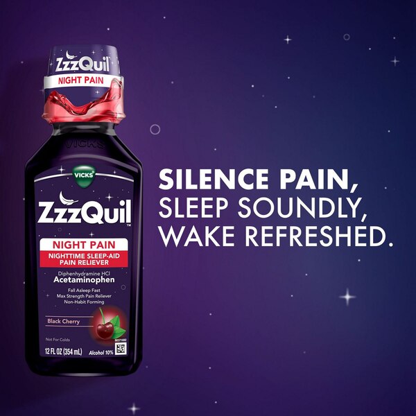 Vicks ZzzQuil Night Pain Liquid, Nighttime - Analgésico y ayuda para dormir en jarabe, Black Cherry, 2 12 oz líq.