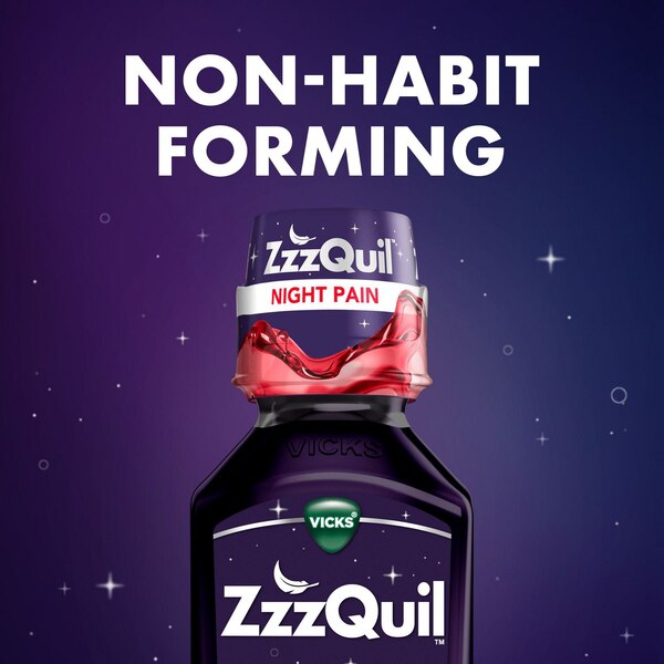 Vicks ZzzQuil Night Pain Liquid, Nighttime - Analgésico y ayuda para dormir en jarabe, Black Cherry, 2 12 oz líq.