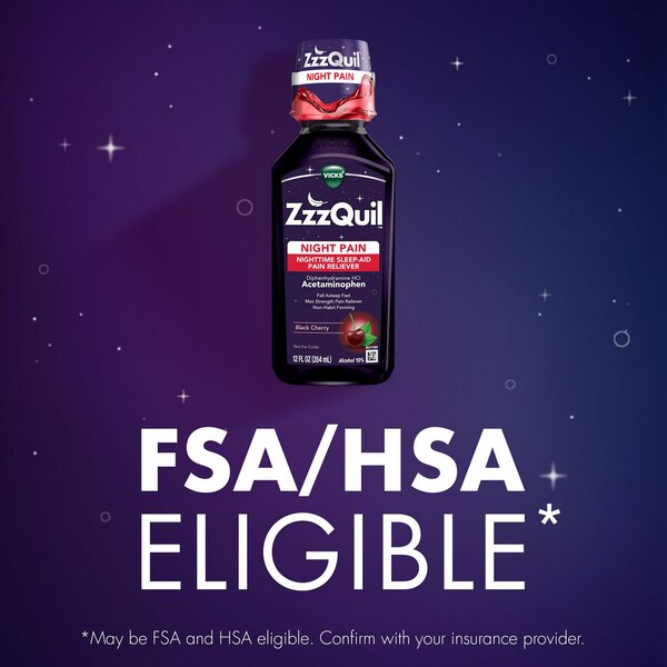 Vicks ZzzQuil Night Pain Liquid, Nighttime - Analgésico y ayuda para dormir en jarabe, Black Cherry, 2 12 oz líq.