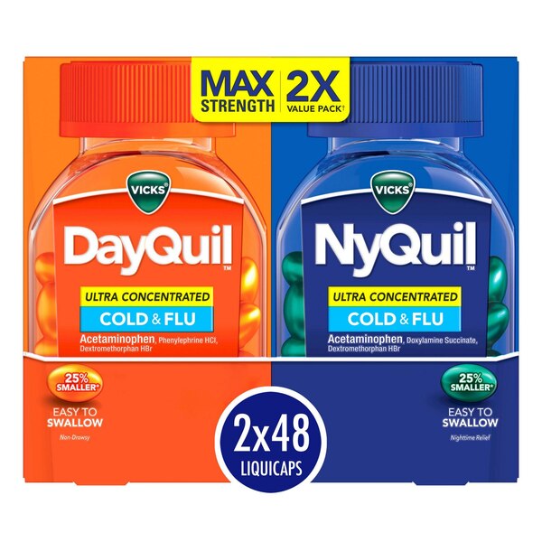 Vicks DayQuil & NyQuil Combo Pack, Ultra Concentrated Cold and Flu Medicine, Daytime & Nighttime LiquiCaps, 96 CT