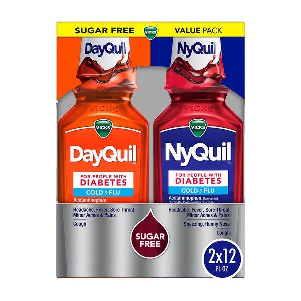 Vicks DayQuil & NyQuil Cold & Flu Sugar Free Relief Liquid Combo for Diabetics, 2 x 12 OZ