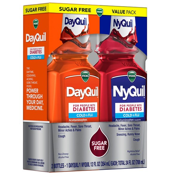 Vicks DayQuil & NyQuil Cold & Flu Sugar Free Relief Liquid Combo for Diabetics, 2 x 12 OZ