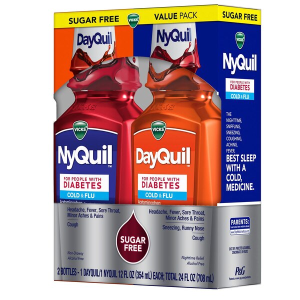 Vicks DayQuil & NyQuil Cold & Flu Sugar Free Relief Liquid Combo for Diabetics, 2 x 12 OZ