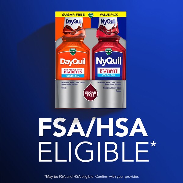 Vicks DayQuil & NyQuil Cold & Flu Sugar Free Relief Liquid Combo for Diabetics, 2 x 12 OZ