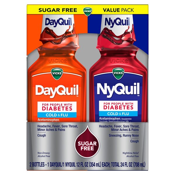 Vicks DayQuil & NyQuil Cold & Flu Sugar Free Relief Liquid Combo for Diabetics, 2 x 12 OZ