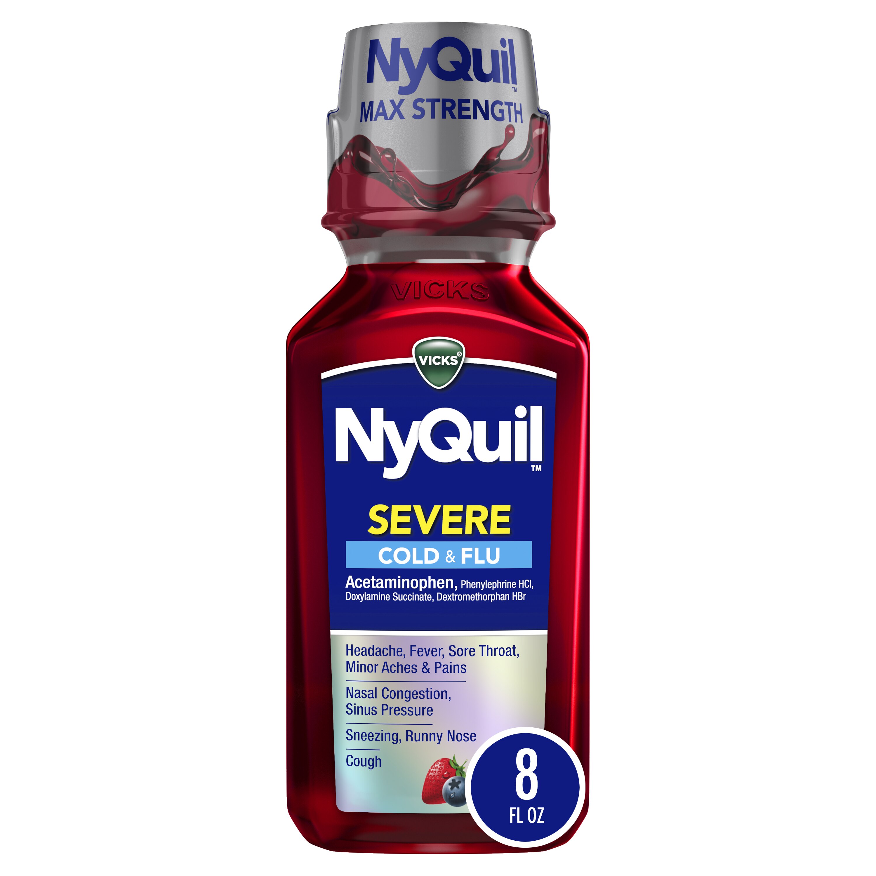 Jarabe Vicks NyQuil SEVERE Cough Cold and Flu Nighttime Relief sabor Berry para el alivio del dolor de garganta, fiebre y congestión durante la noche
