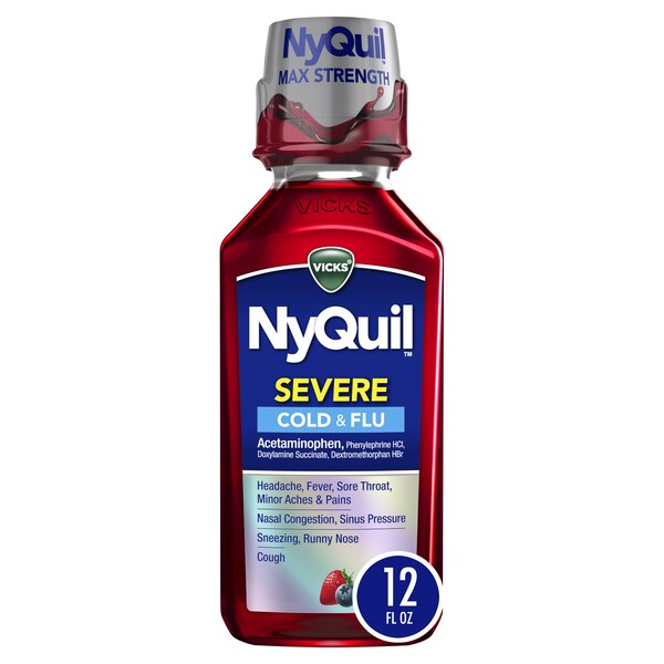 Vicks NyQuil - Jarabe para síntomas graves de resfriado y gripe, de uso nocturno, con sabor