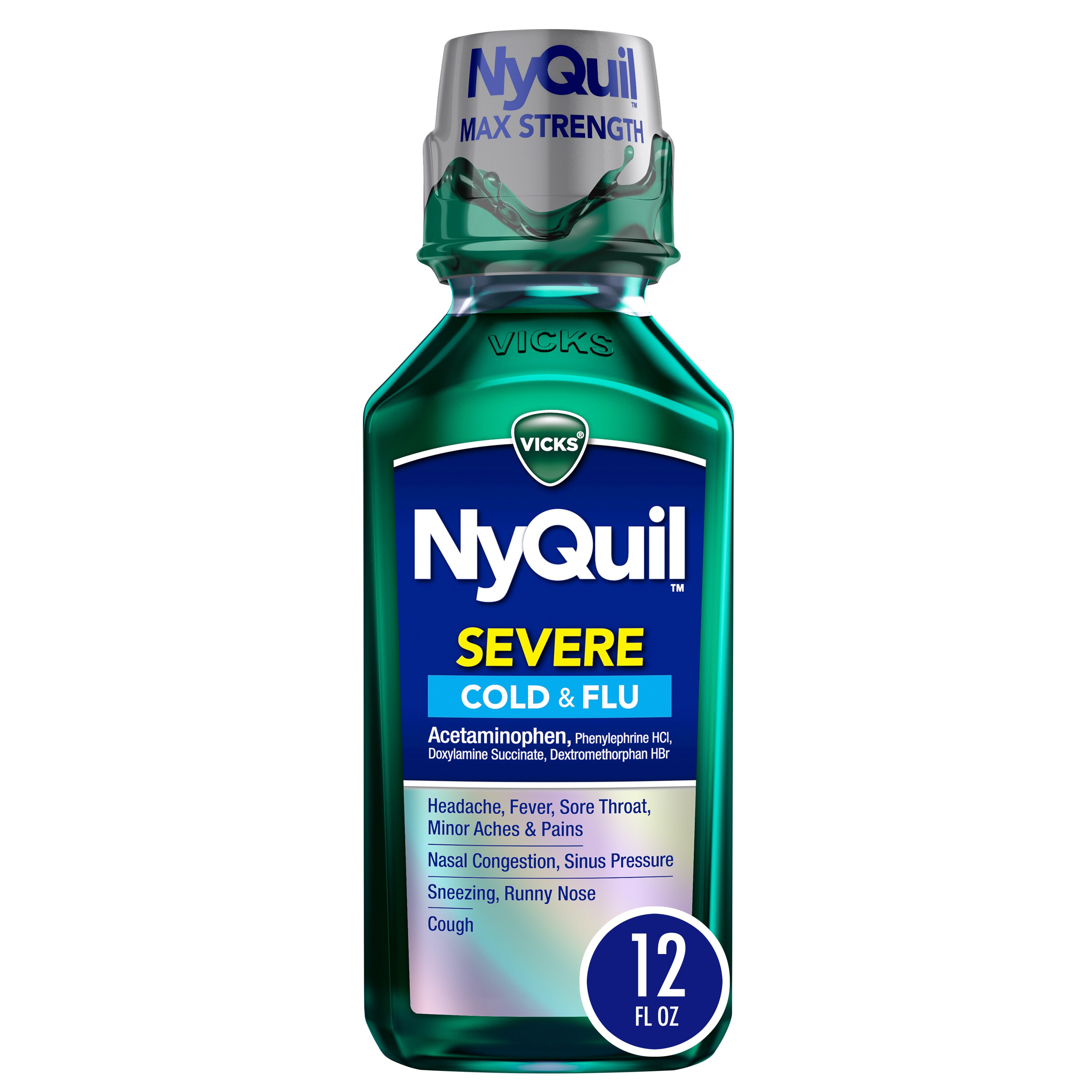 Vicks NyQuil SEVERE - Jarabe para el alivio de la tos, resfriado y gripe, uso nocturno, 12 oz líq. - Alivia el dolor de garganta, fiebre y congestión durante la noche