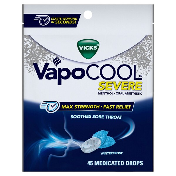 Vicks VapoCOOL Severe Sore Throat Medicated Drops, Winterfrost, 45 CT
