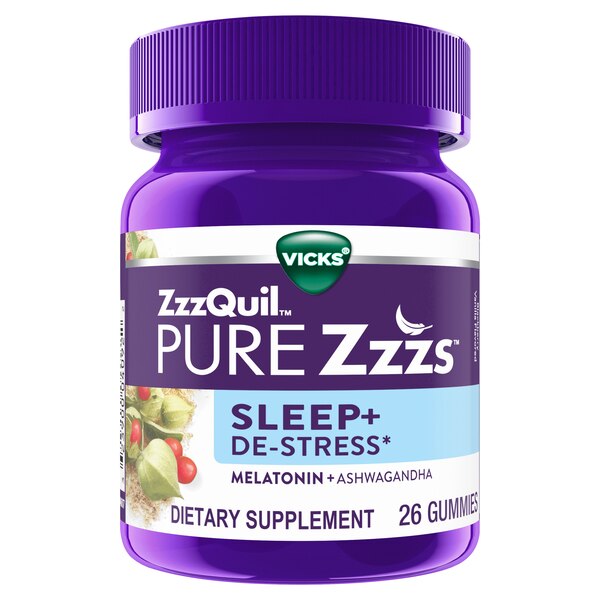 Vicks ZzzQuil Pure Zzzs Sleep + De-Stress Melatonin Gummies, 26 CT