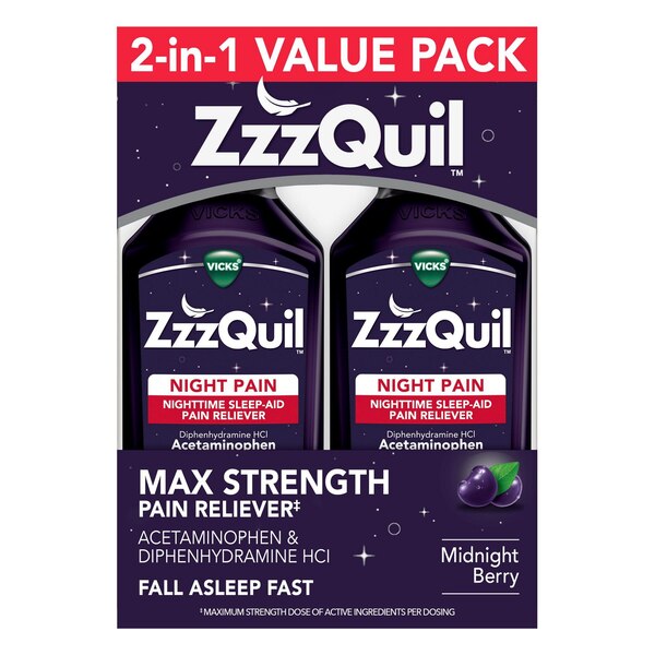 ZzzQuil Nighttime Pain Relief Sleep Aid Liquid, Midnight Berry, 12 FL OZ, 2 Pack