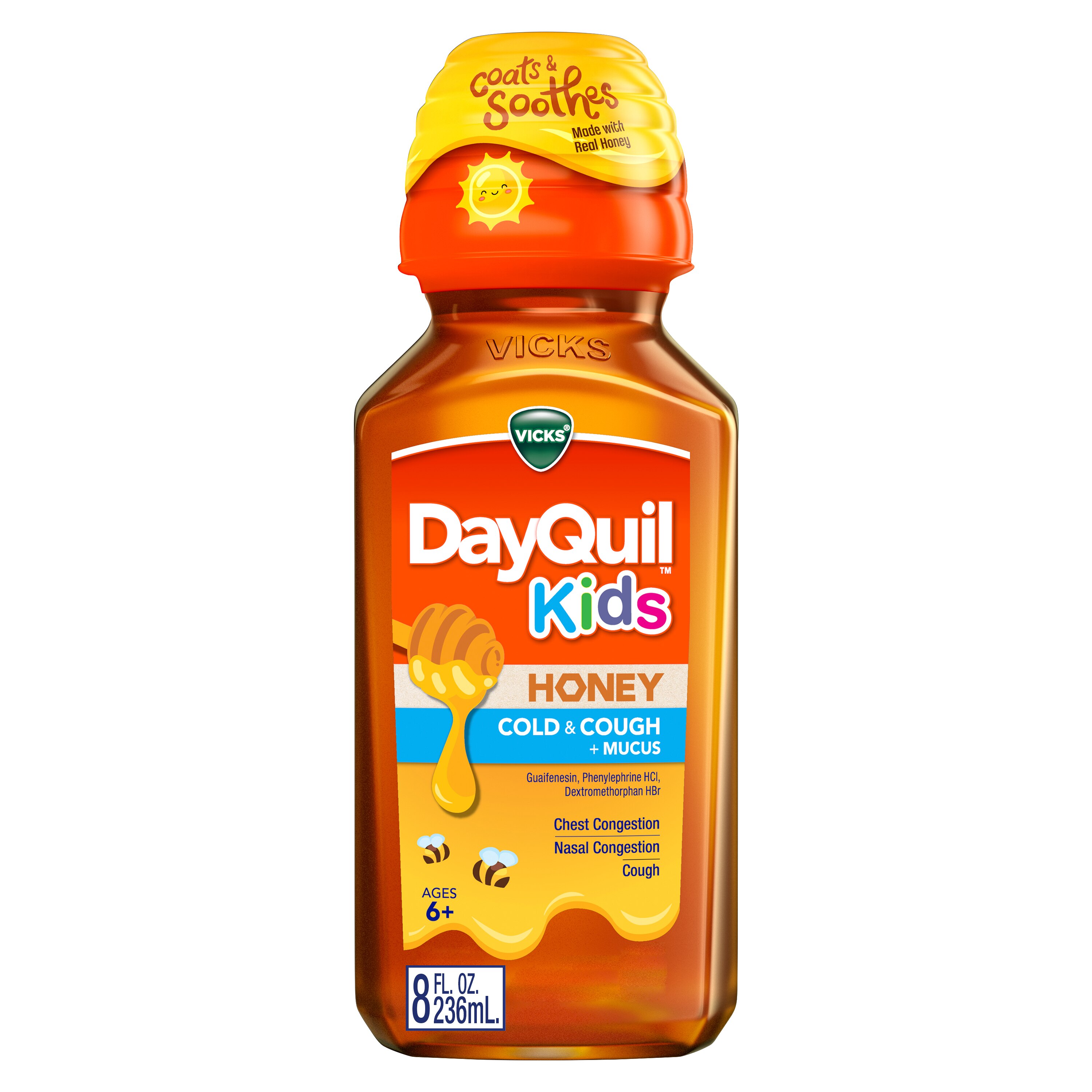 Vicks DayQuil Kids Cold and Cough + Mucus Relief - Jarabe pediátrico para niños mayores de 6, con miel de verdad, 8 oz