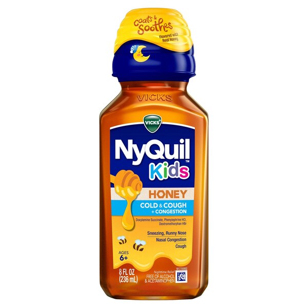 Vicks NyQuil Kids Cold and Cough + Congestion  Relief Made With Real Honey For Kids 6+, 8 OZ