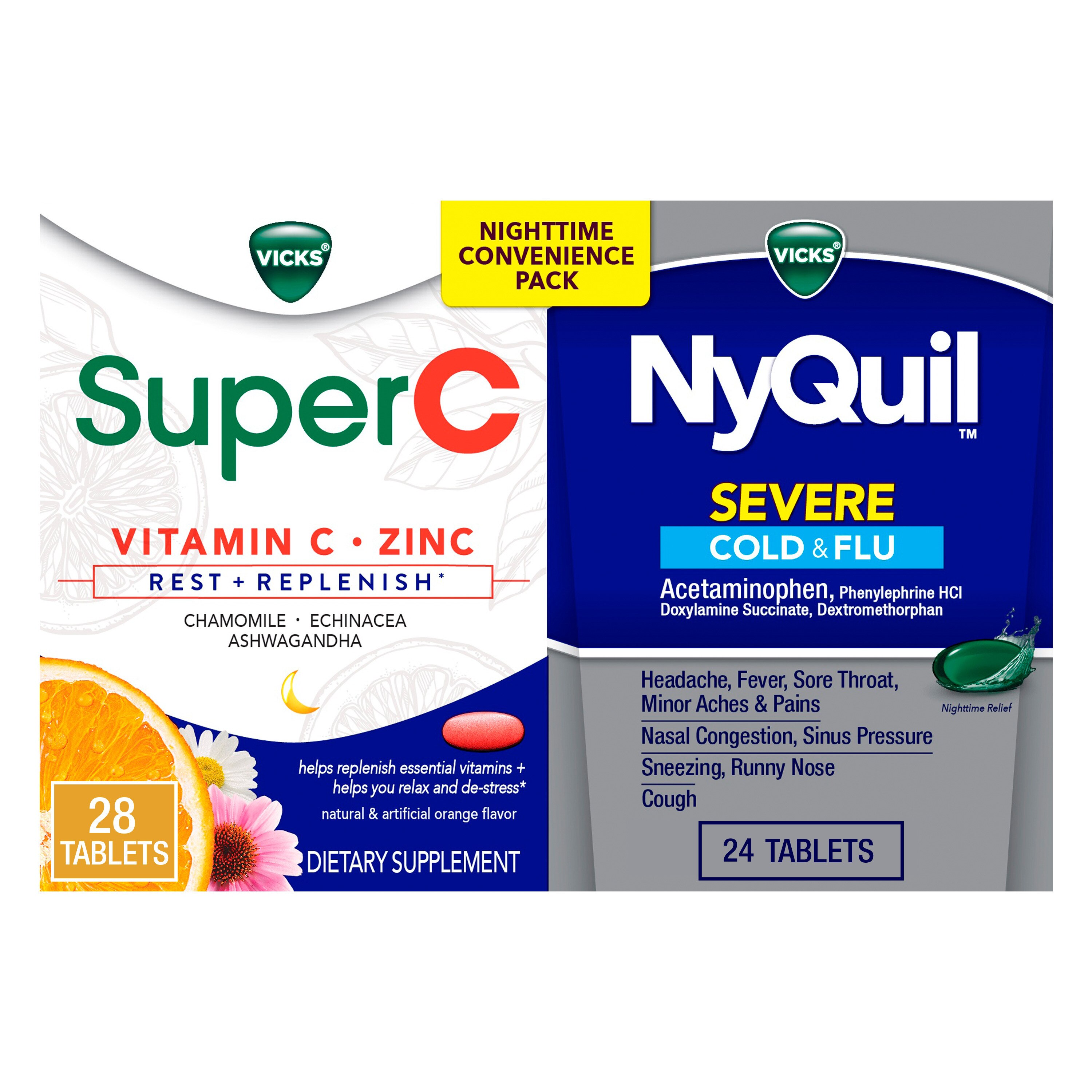Paquete económico de Vicks NyQuil y Super C: medicamento NyQuil Severe para el alivio de síntomas graves del resfriado y la gripe, máxima potencia, 26 u.