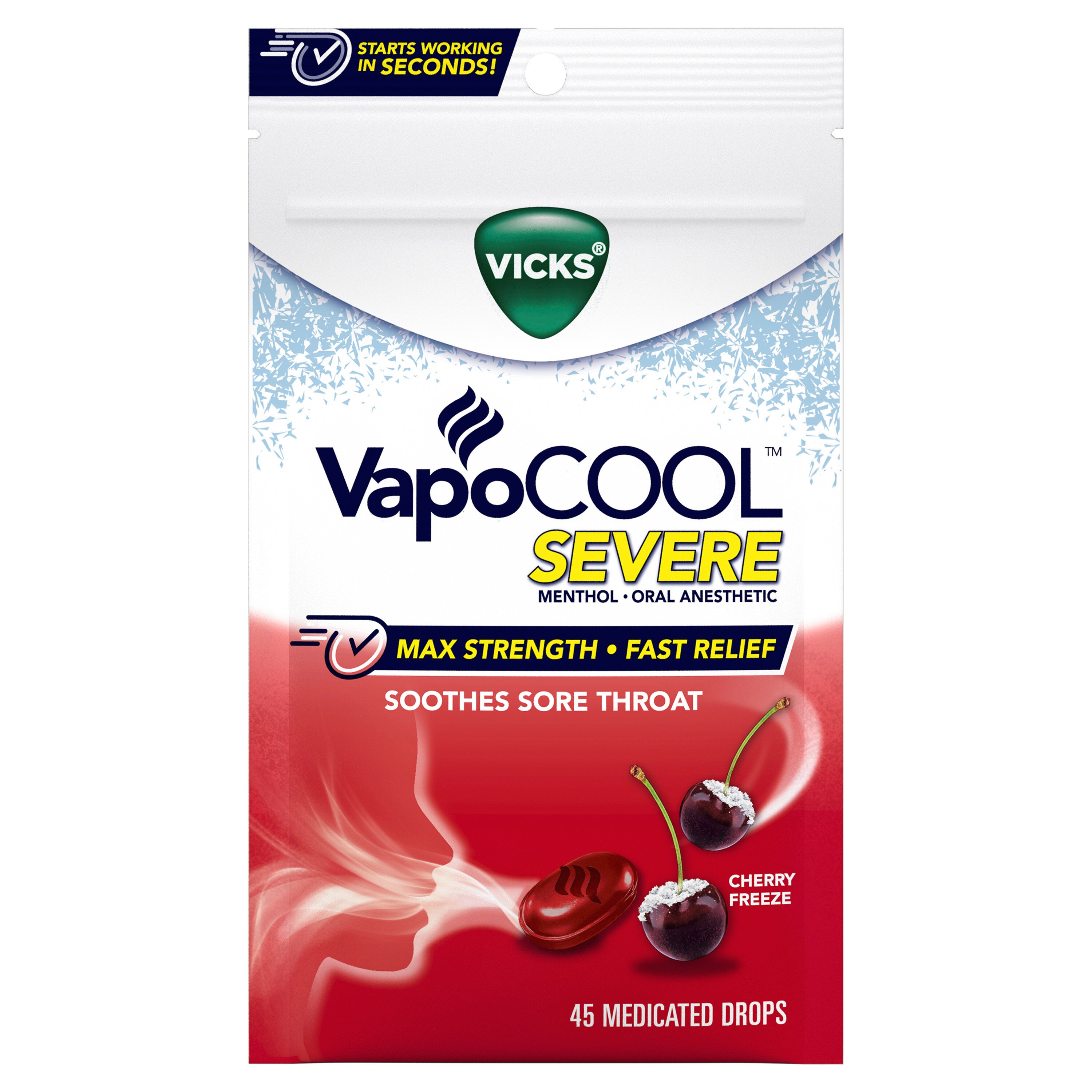 VICKS VapoCOOL Severe Medicated Drops, Soothes Sore Throat Pain Caused by Cough, Cherry Freeze Flavor, 45 CT