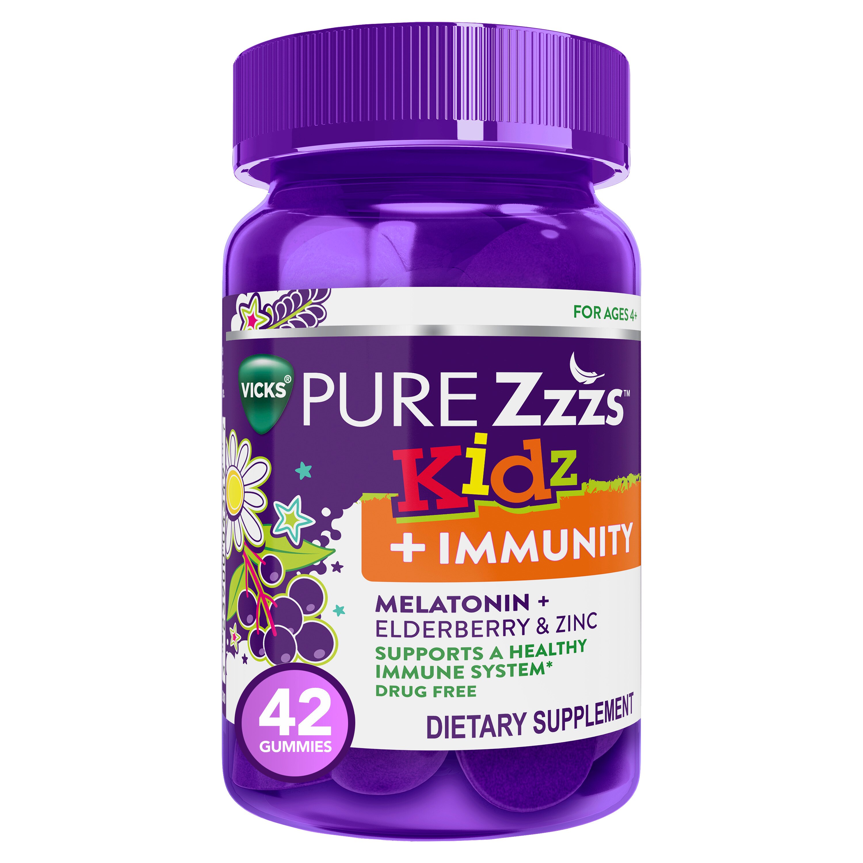 VICKS PURE Zzzs Kidz + Immunity, Melatonin Sleep Aid Gummies for Kids, Natural Berry Flavor
