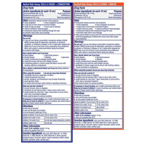 Vicks DayQuil and NyQuil Kids Cold & Cough + Mucus and Congestion Combo Pack, Honey, 2 8 OZ bottles