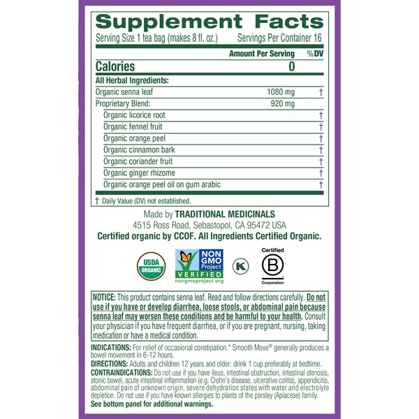 Traditional Medicinals Organic Smooth Move Herbal Tea, 16 ct, 1.13 oz