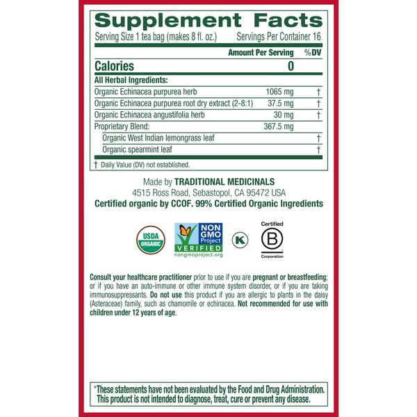 Traditional Medicinals Echinacea Plus Herbal Supplement, 16 ct