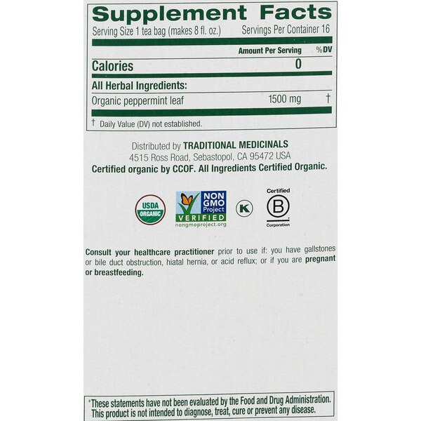 Traditional Medicinals Organic Peppermint Herbal Tea Bags, 16 ct, 0.85 oz