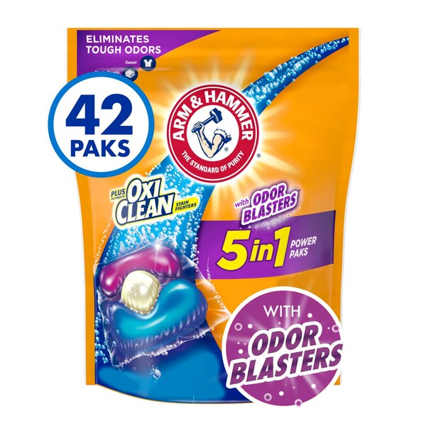 Arm & Hammer Plus OxiClean with Odor Blasters Laundry Detergent, 5-In-1 Power Paks, 42 ct
