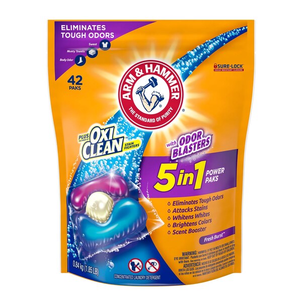 Arm & Hammer Plus OxiClean with Odor Blasters Laundry Detergent, 5-In-1 Power Paks, 42 ct