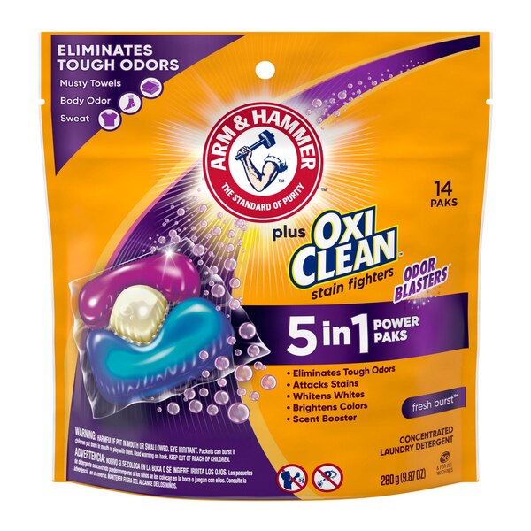 Arm & Hammer Plus Oxiclean 5-in-1 Laundry Detergent Power Paks, Fresh Burst Scent, 14 ct