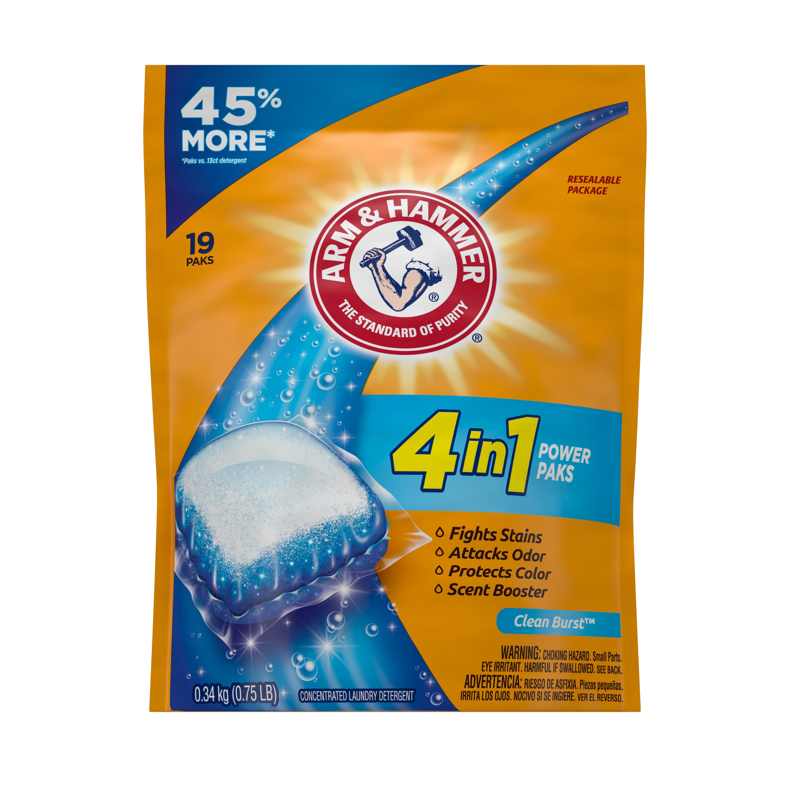 Arm & Hammer Laundry Detergent Paks Crystal Burst Ultra Power, 19 CT