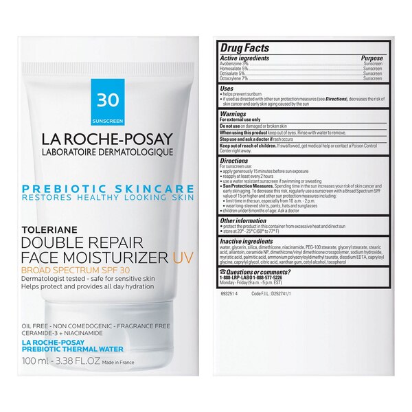 La Roche-Posay Face Sunscreen,Toleriane Double Repair with SPF 30 & Niacinamide, 3.38 OZ