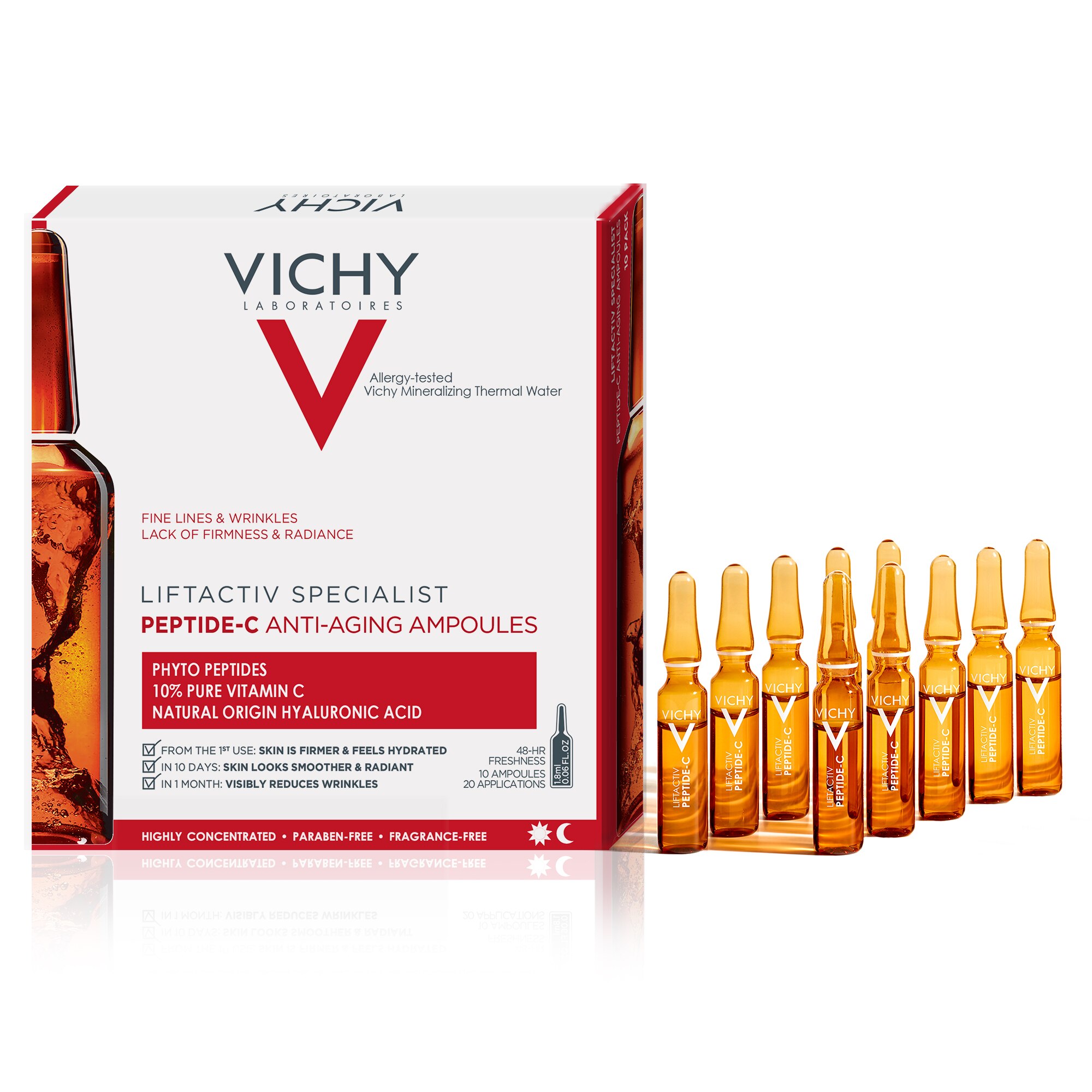 Vichy LiftActiv Peptide-C Anti-Aging Serum Ampoules for Dry Skin with Vitamin C, Hyaluronic Acid and Peptides, 10CT