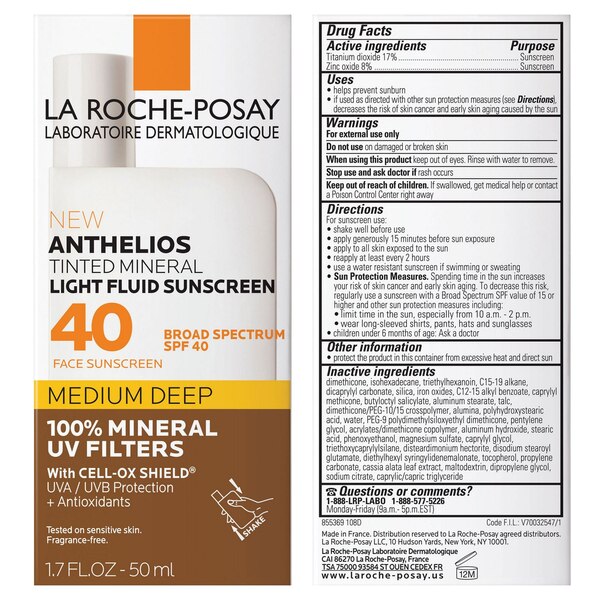 La Roche-Posay Anthelios Tinted Mineral Light Fluid Sunscreen, SPF 40, Medium Deep