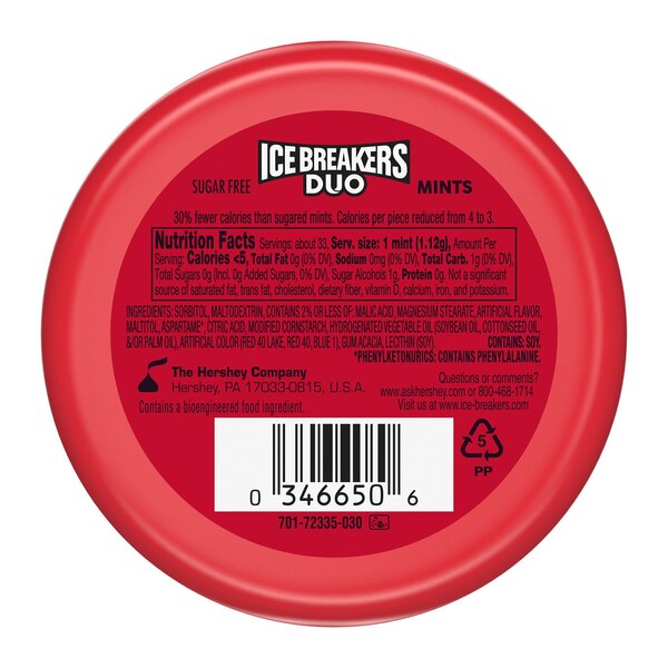 Ice Breakers Duo Fruit Plus Cool Strawberry Sugar Free Mints, 1.3 oz