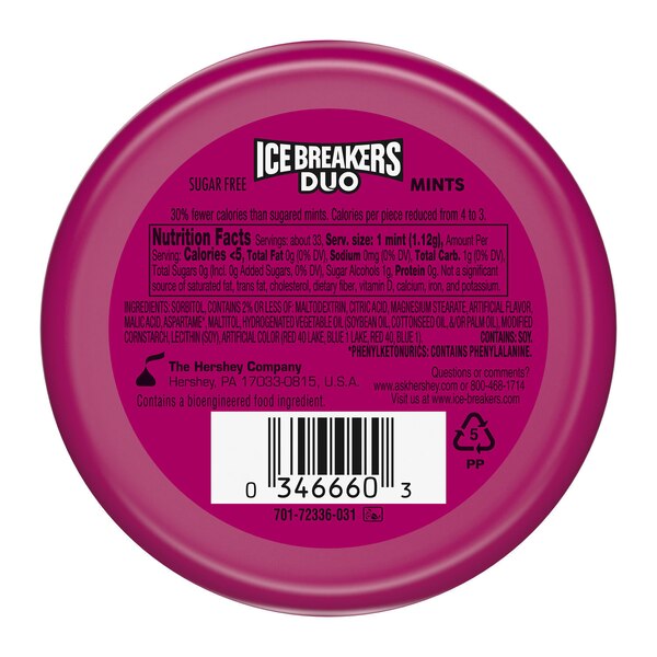 Ice Breakers, Duo Fruit Plus Cool Raspberry Sugar Free Mints, 1.3 oz