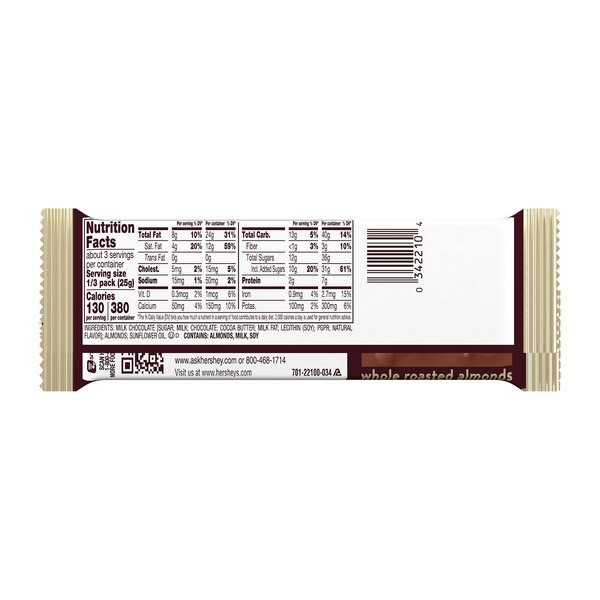 Hershey's Milk Chocolate with Almonds Candy Bar, King Size ,2.6 oz