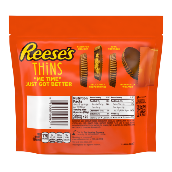 Reese's Thins Peanut Butter Cups Milk Chocolate Candy, 7.37 OZ
