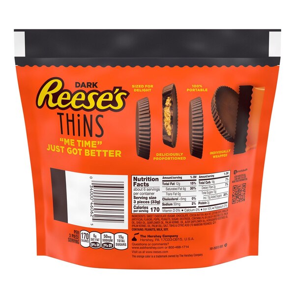 Reese's Thins Peanut Butter Cups Dark Chocolate Candy, 7.37 OZ
